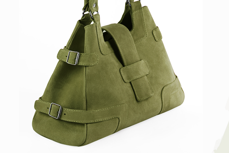 Pistachio green women's dress handbag, matching pumps and belts. Front view - Florence KOOIJMAN